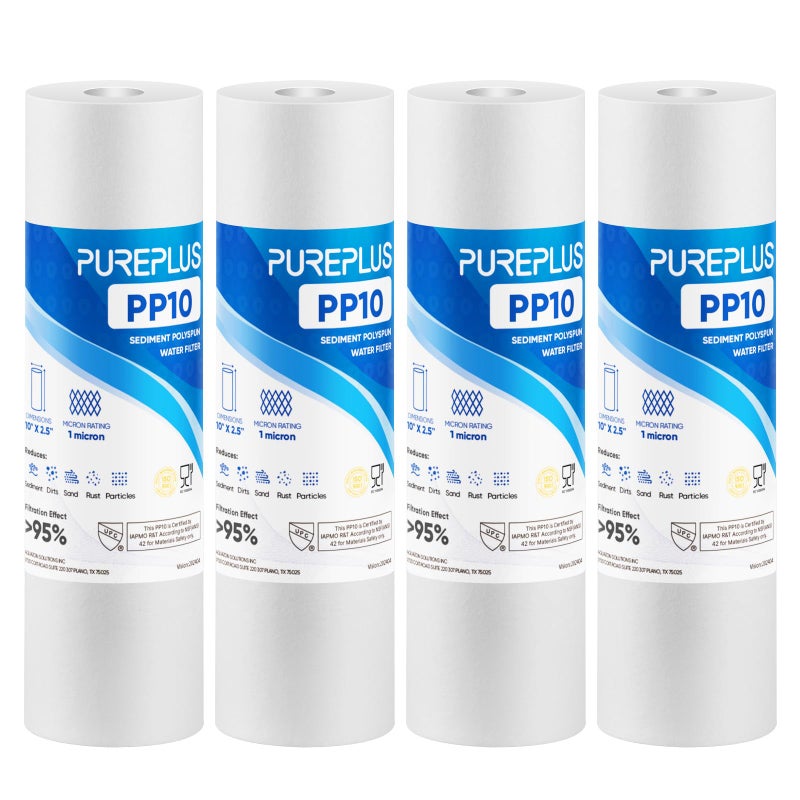 Pure Plus PUREPLUS 1 Micron 10"" x 2.5"" Whole House Sediment Home Water Filter Cartridge Replacement for Any 10 inch RO Unit, Culligan P5, Aqua-Pure AP110, Dupont WFPFC5002, CFS10, WHKF-G05, 4Pack - Image 1
